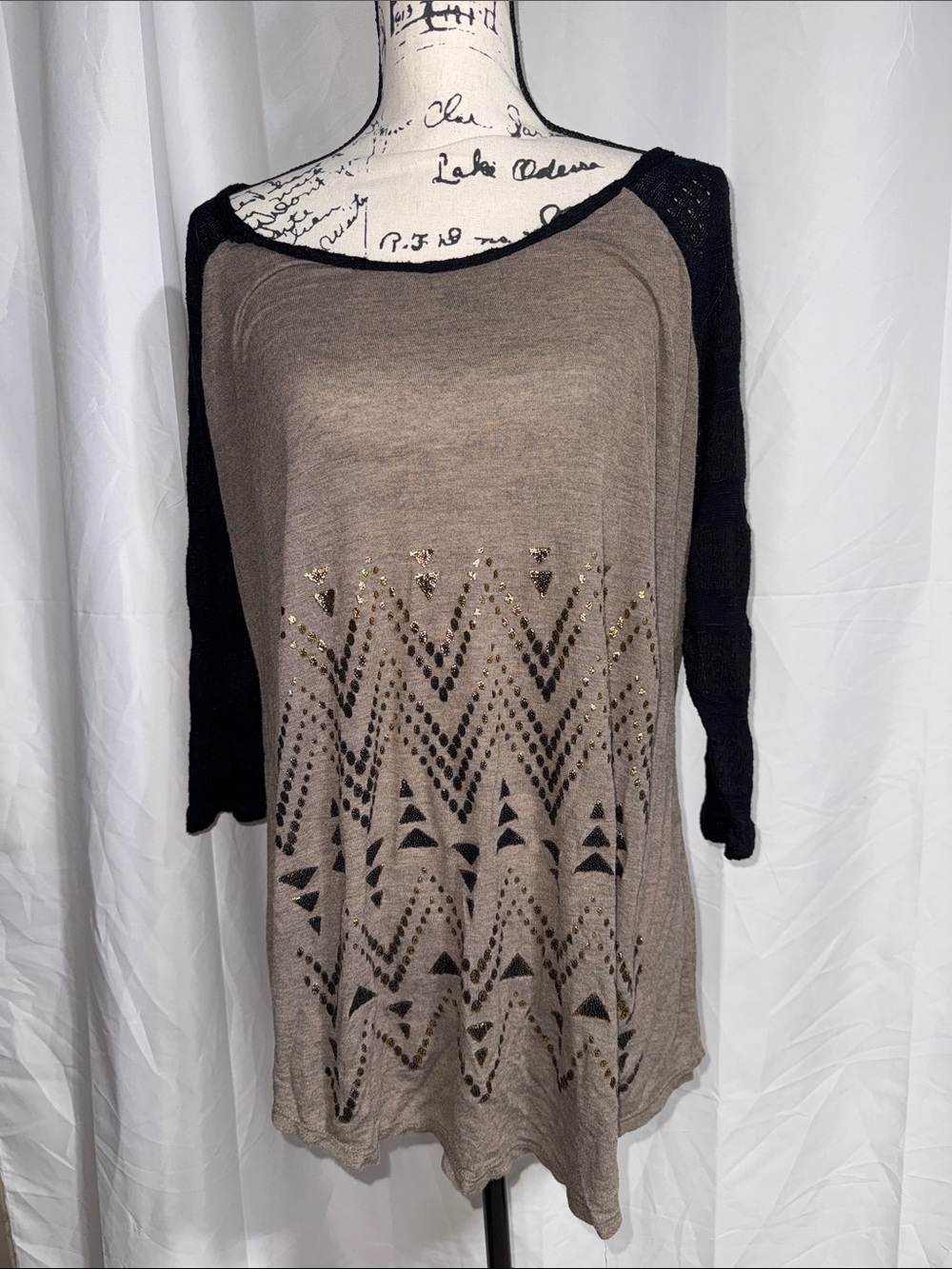 Lane Bryant Off-the-Shoulder Taupe & Black Patterned Shirt